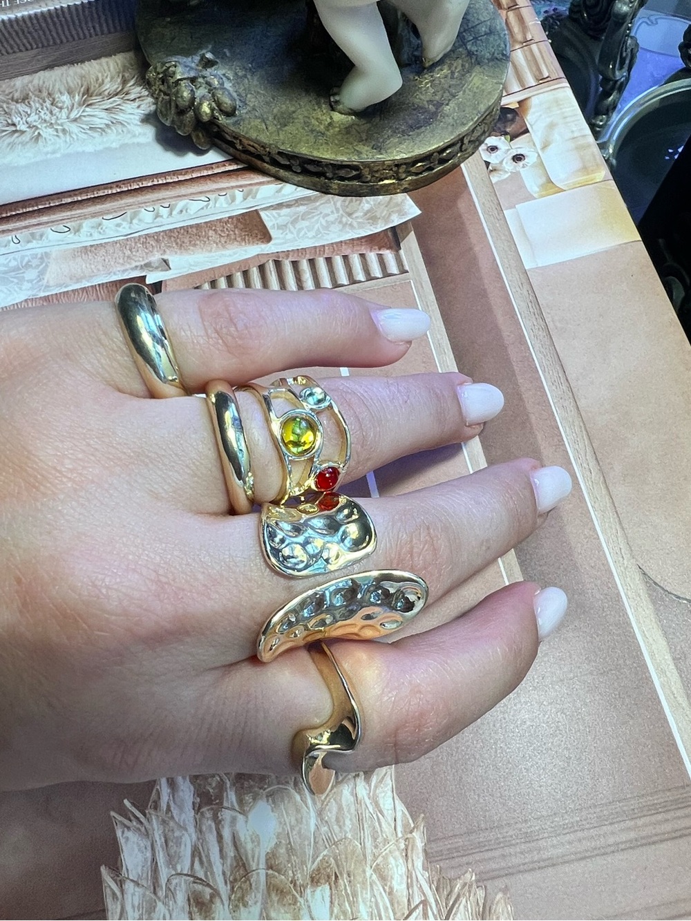 Gold-Tone Hammered Multi-Statement Ring with Colored Stones R 605